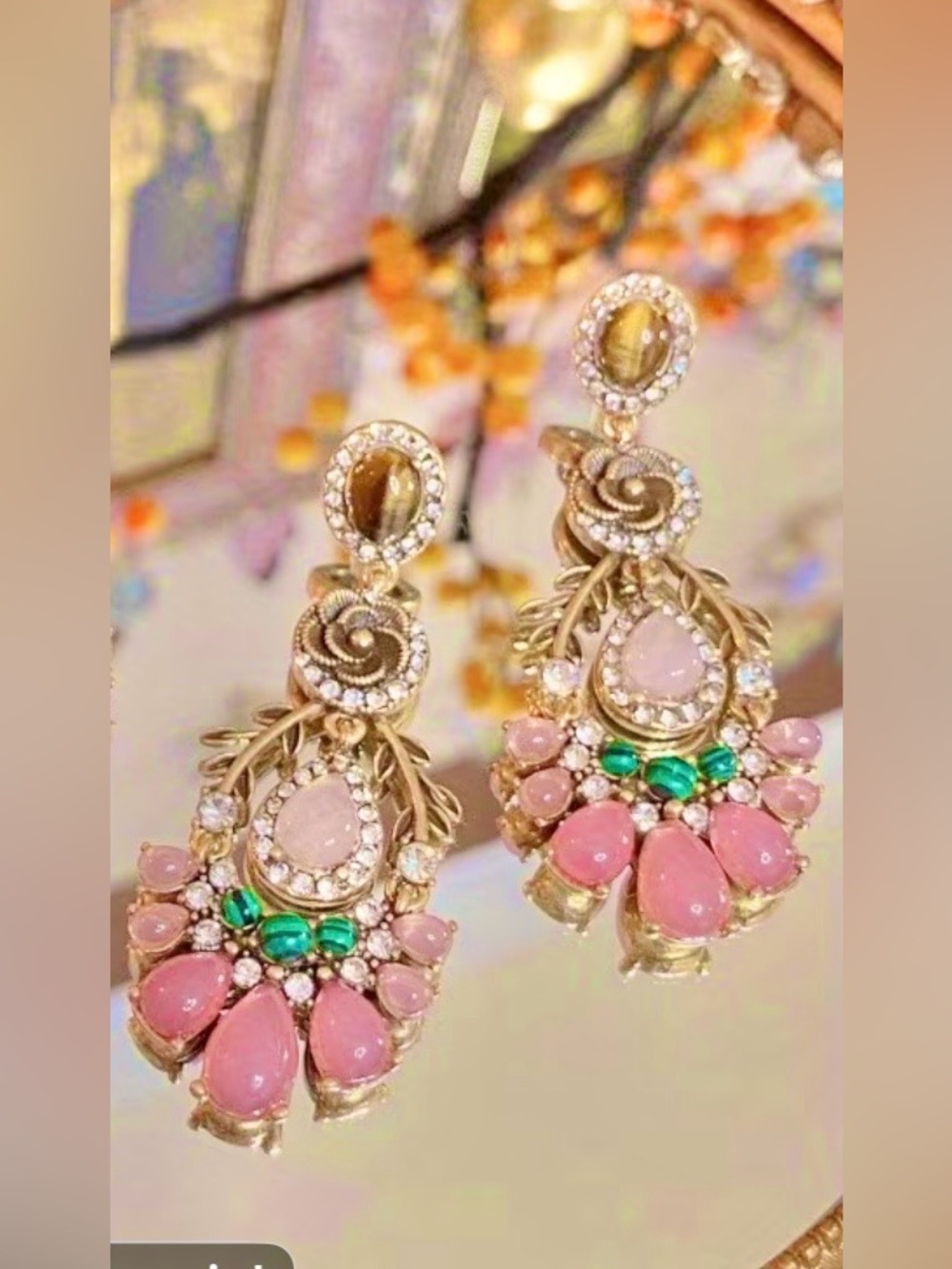 NWT Beautiful Pink & Green Teardrop Dangle Earrings - Picture 2 of 3